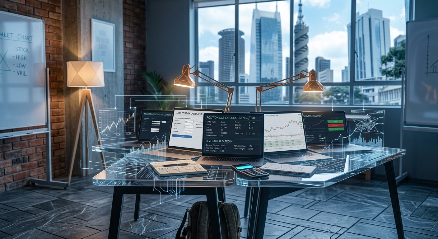 A trader's desk with laptops showing position size, margin and risk management calculators
