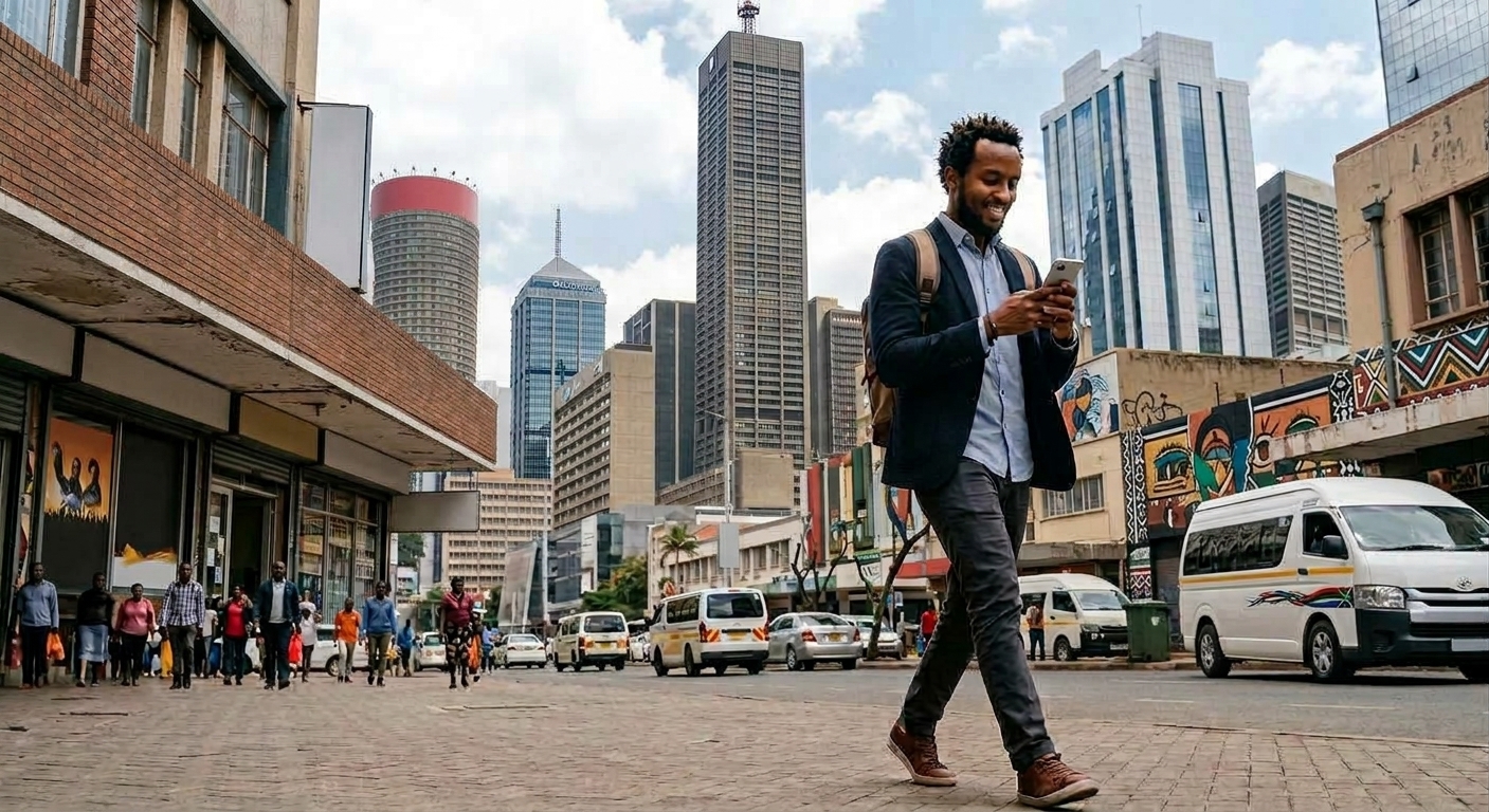 A smiling professional checking his phone while walking through a busy street in downtown Johannesburg, South Africa