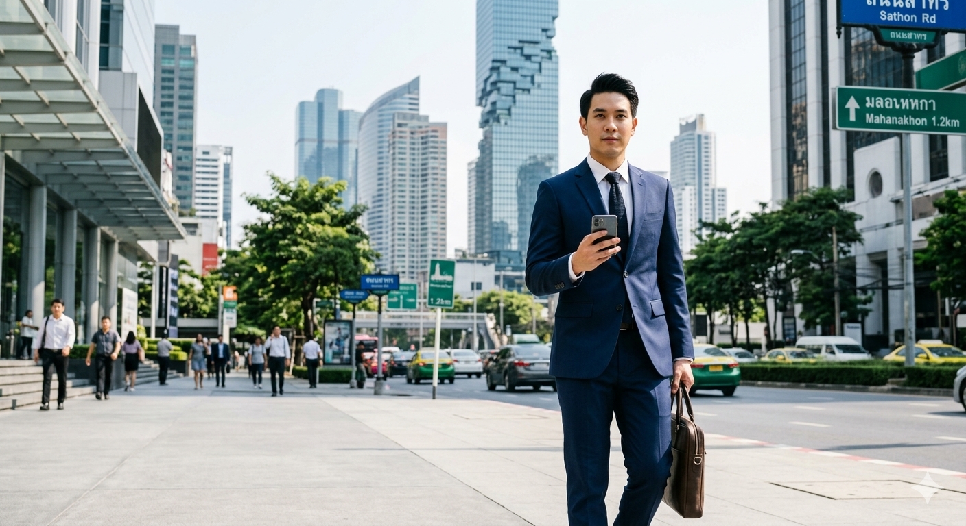 Thai investor walking through Bangkok's financial district