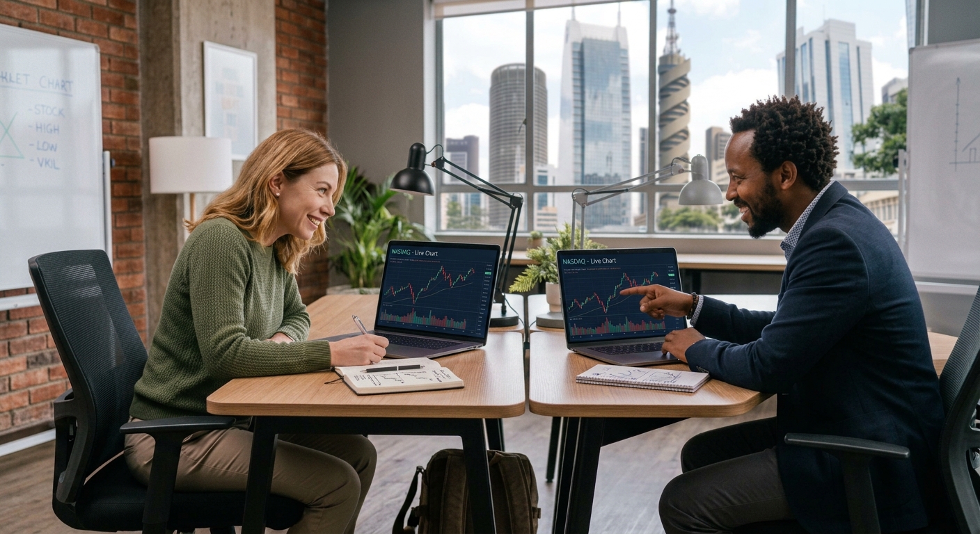 Two investors discussing market charts during a learning session