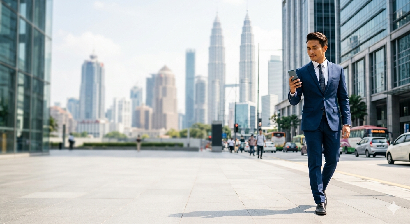 Malaysian investor walking through Kuala Lumpur's financial district