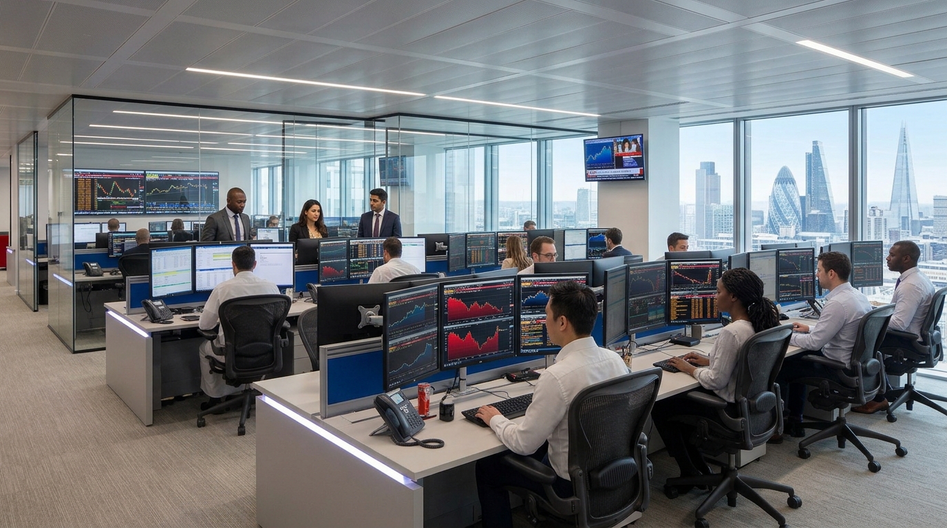 A busy brokerage trading floor with desks of traders watching market charts on multiple screens, next to floor-to-ceiling windows over a financial district skyline