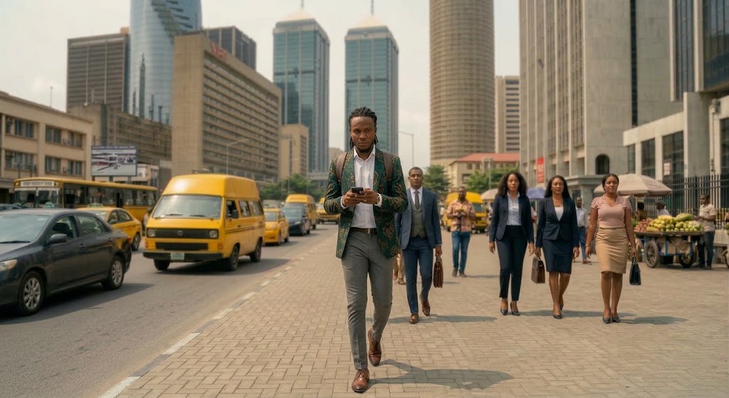 A professional checking his phone while walking down a busy street in downtown Lagos, Nigeria, with yellow buses and skyscrapers around him