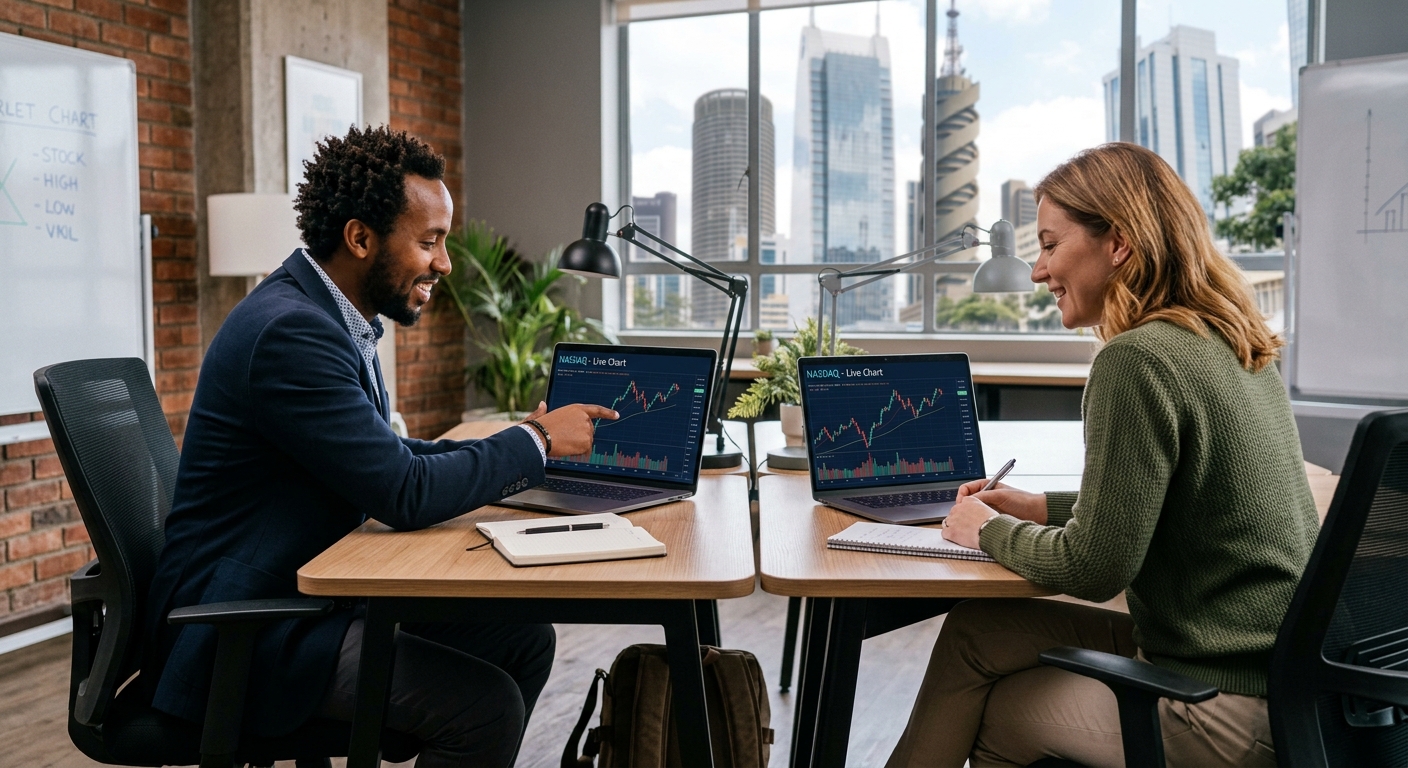 Two traders reviewing market charts together