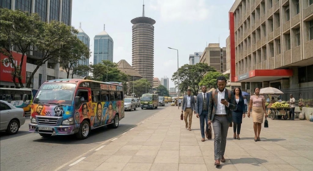 A professional checking his phone while walking down a busy street in downtown Nairobi, Kenya, with the KICC tower and a colourful matatu bus beside him